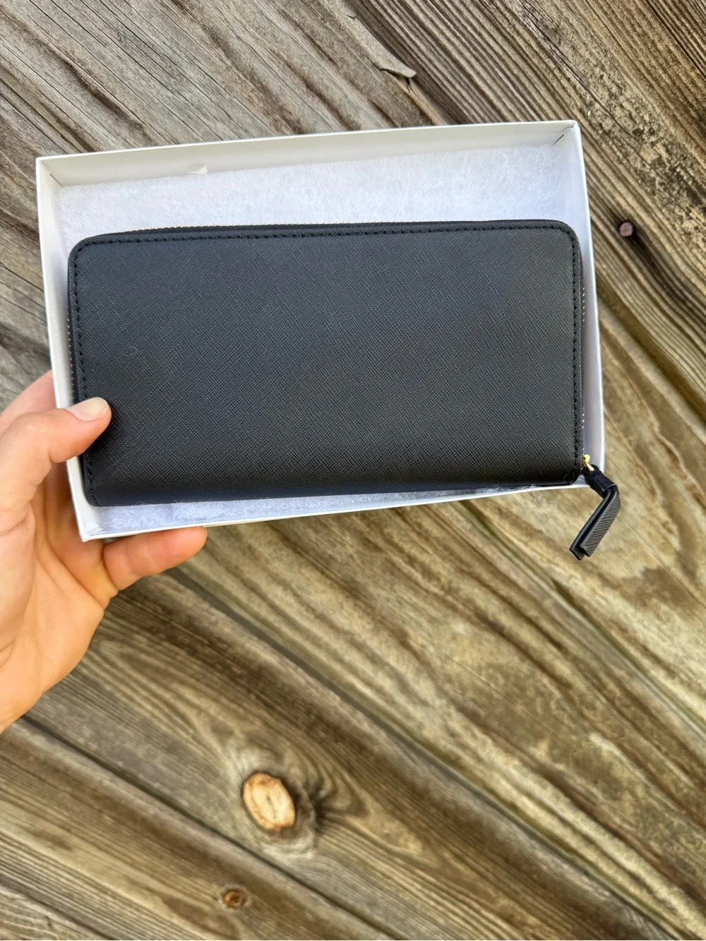 Tory Burch Black Zip-Around Saffiano Wallet with Gold Logo